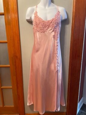 FLORA Pink Satin Coquette Y2K Maxi Slip Dress with Feminine Floral Lace Appliqué